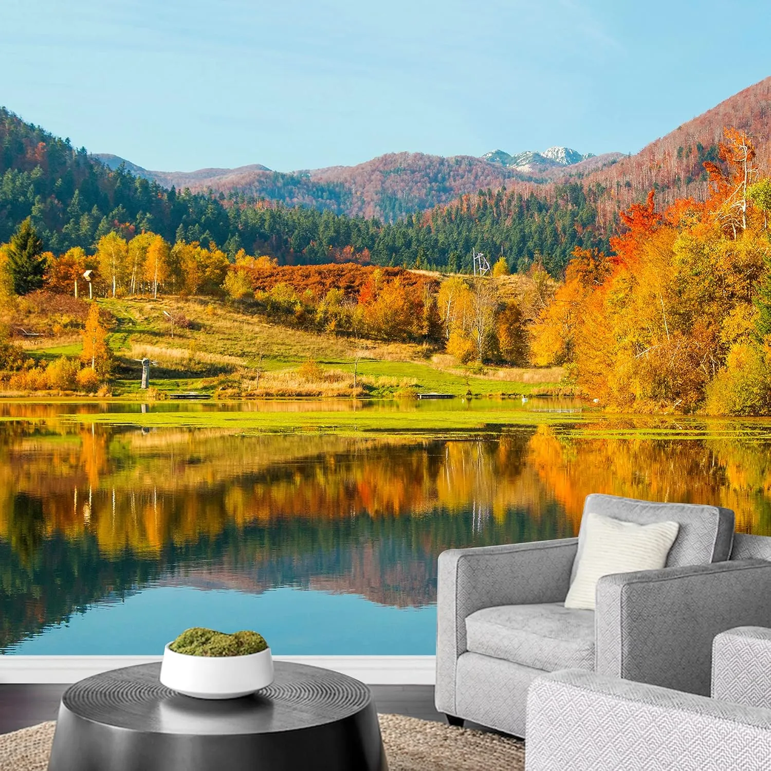 wall26 Removable Wall Sticker/Wall Mural Autumn Fall Forest Tree Lake Mountain Nature Wilderness Photography Realism Rustic Landscape Global Zen for Living Room, Bedroom, Office - 100x144 inches