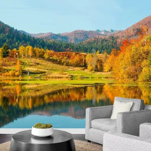 wall26 Removable Wall Sticker/Wall Mural Autumn Fall Forest Tree Lake Mountain Nature Wilderness Photography Realism Rustic Landscape Global Zen for Living Room, Bedroom, Office - 100x144 inches