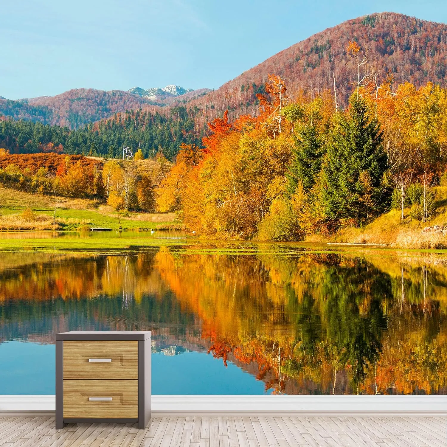 wall26 Removable Wall Sticker/Wall Mural Autumn Fall Forest Tree Lake Mountain Nature Wilderness Photography Realism Rustic Landscape Global Zen for Living Room, Bedroom, Office - 100x144 inches