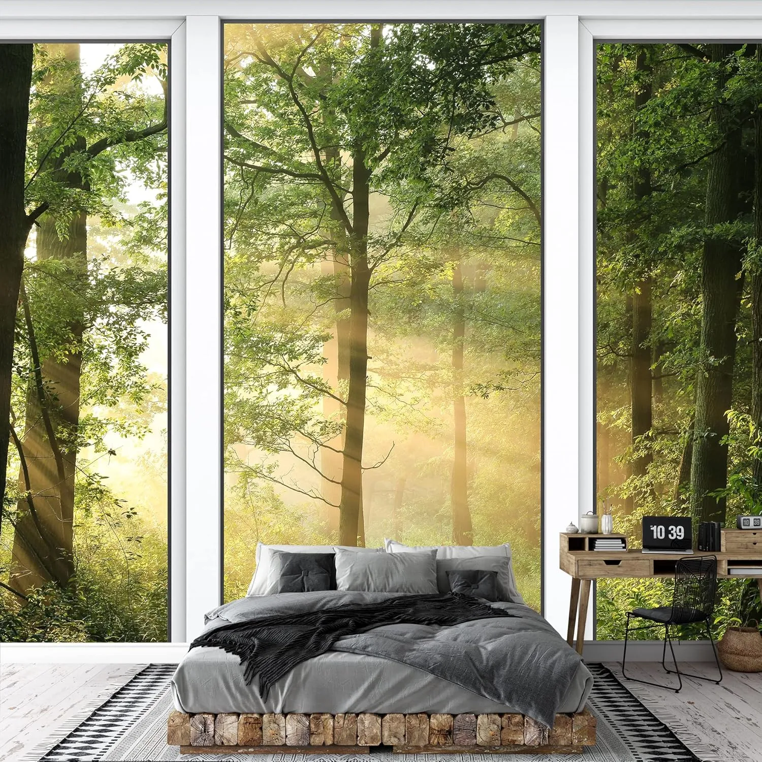 wall26 Removable Wall Sticker/Wall Mural Sunshine Summer Mountain Forest Nature Wilderness Photography Realism Landscape Rustic Window Door for Living Room, Bedroom, Office - 100x144 inches