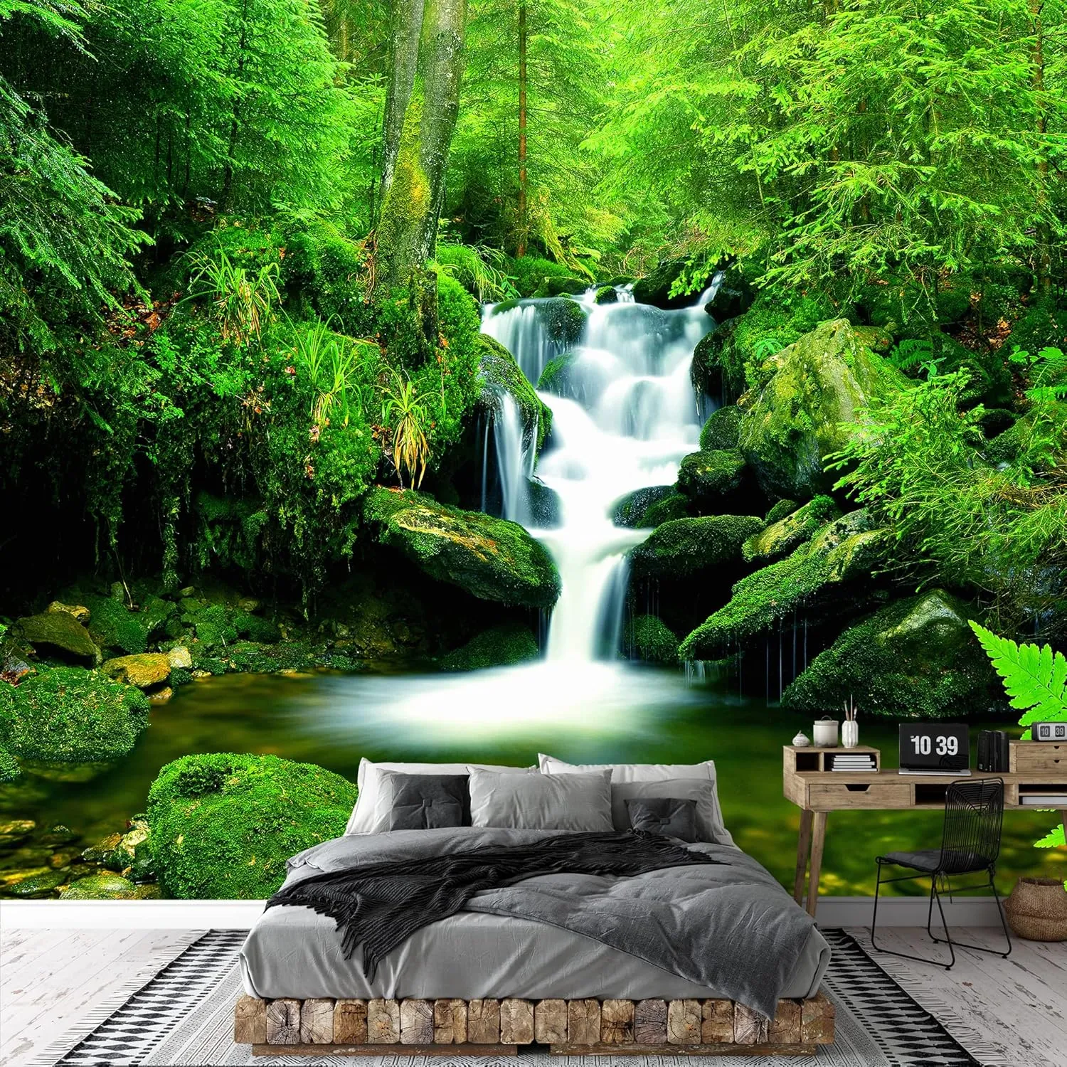 wall26 Removable Wall Sticker/Wall Mural Tropical Green Rainforest Jungle Waterfall Nature Wilderness Photography Realism Landscape Multicolor for Living Room, Bedroom, Office - 100x144 inches