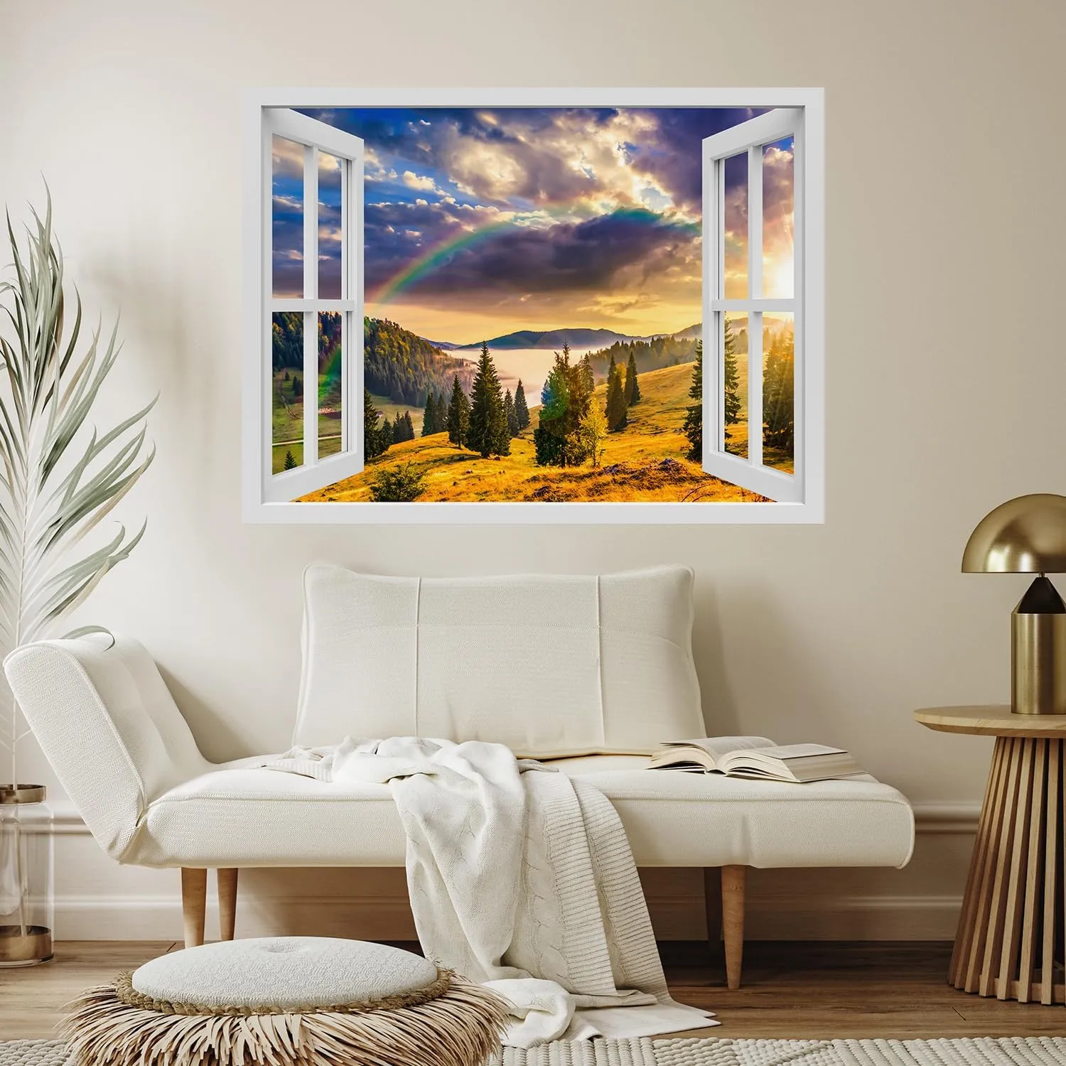 wall26 Removable Wall Sticker/Wall Mural Window View Majestic Rainbow Sunset Mountain Range Wilderness Nature Photography Realism Rustic Landscape Colorful for Living Room, Bedroom, Office - 36"x48"