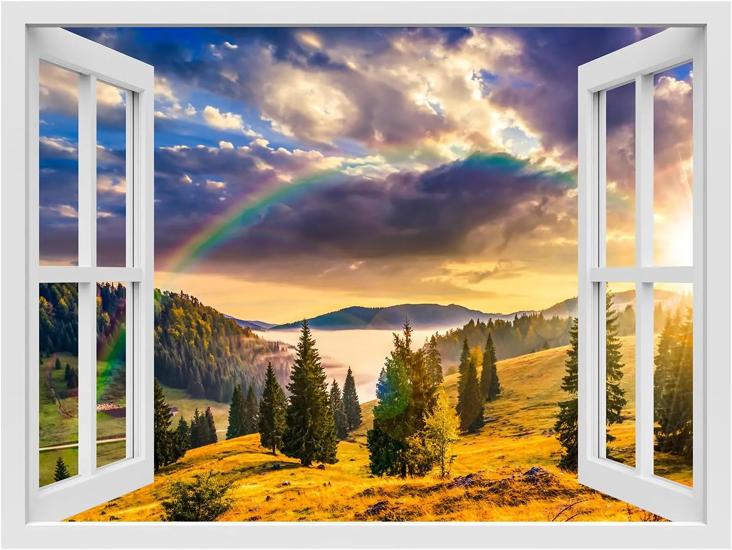 wall26 Removable Wall Sticker/Wall Mural Window View Majestic Rainbow Sunset Mountain Range Wilderness Nature Photography Realism Rustic Landscape Colorful for Living Room, Bedroom, Office - 36"x48"