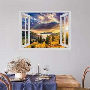 wall26 Removable Wall Sticker/Wall Mural Window View Majestic Rainbow Sunset Mountain Range Wilderness Nature Photography Realism Rustic Landscape Colorful for Living Room, Bedroom, Office - 36"x48"