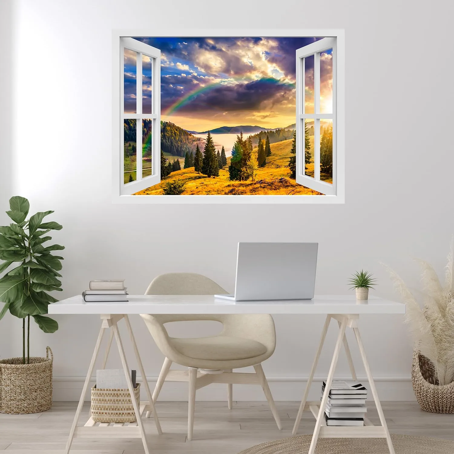 wall26 Removable Wall Sticker/Wall Mural Window View Majestic Rainbow Sunset Mountain Range Wilderness Nature Photography Realism Rustic Landscape Colorful for Living Room, Bedroom, Office - 36"x48"