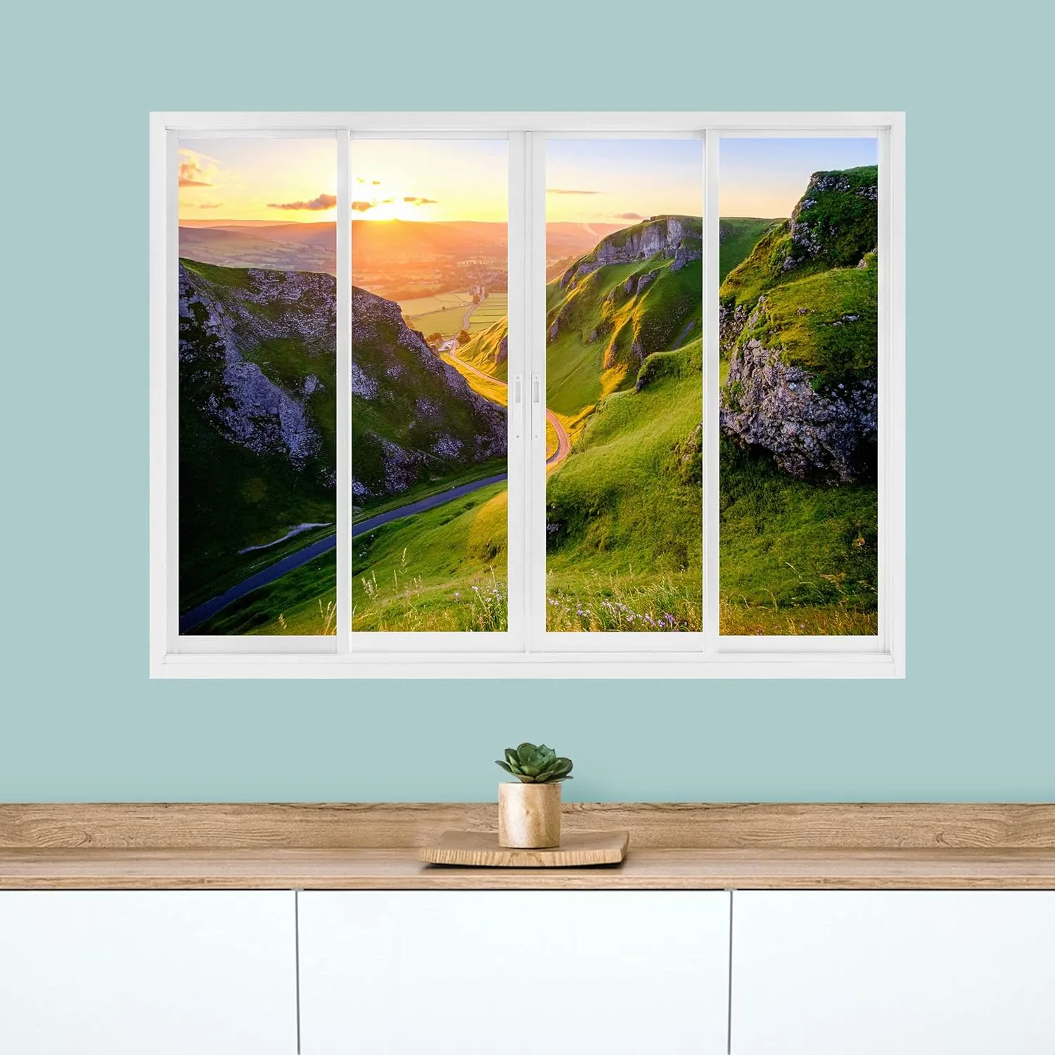 wall26 Removable Wall Sticker/Wall Mural Window View Scottish Highland Sunset Mountain Valley Nature Wilderness Photography Realism Landscape Multicolor for Living Room, Bedroom, Office - 36"x48"