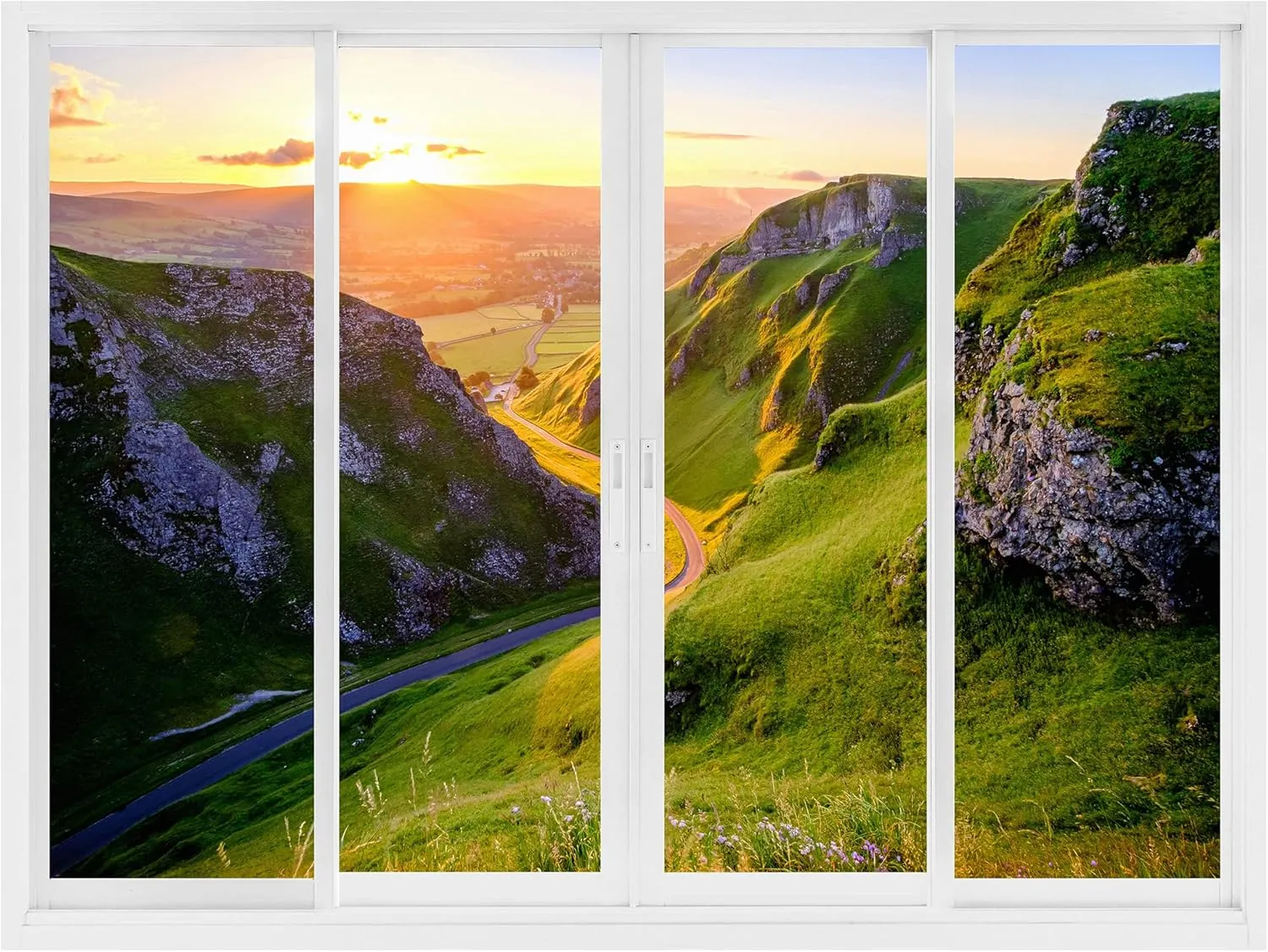 wall26 Removable Wall Sticker/Wall Mural Window View Scottish Highland Sunset Mountain Valley Nature Wilderness Photography Realism Landscape Multicolor for Living Room, Bedroom, Office - 36"x48"