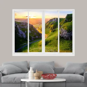wall26 Removable Wall Sticker/Wall Mural Window View Scottish Highland Sunset Mountain Valley Nature Wilderness Photography Realism Landscape Multicolor for Living Room, Bedroom, Office - 36"x48"