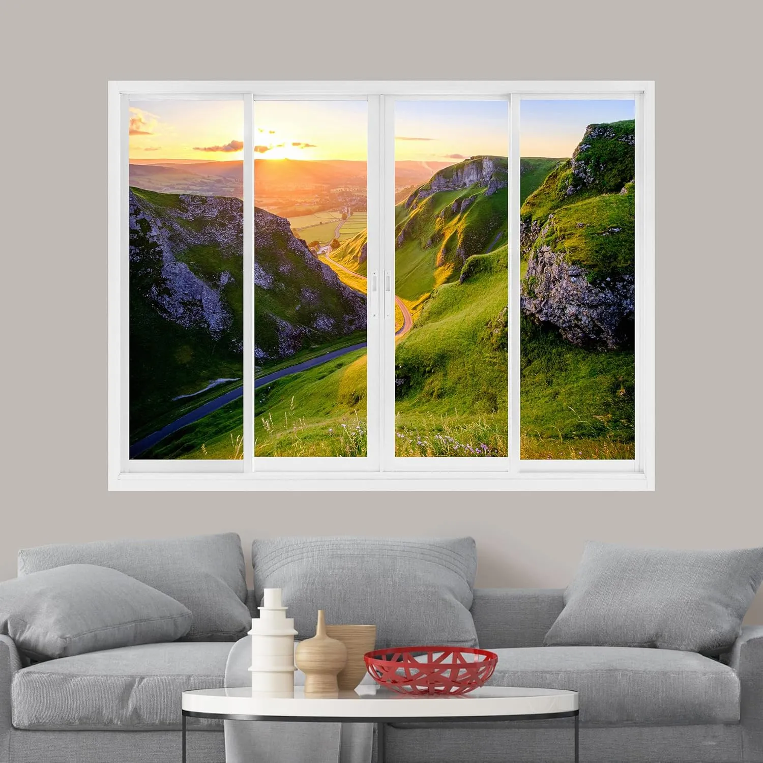 wall26 Removable Wall Sticker/Wall Mural Window View Scottish Highland Sunset Mountain Valley Nature Wilderness Photography Realism Landscape Multicolor for Living Room, Bedroom, Office - 36"x48"
