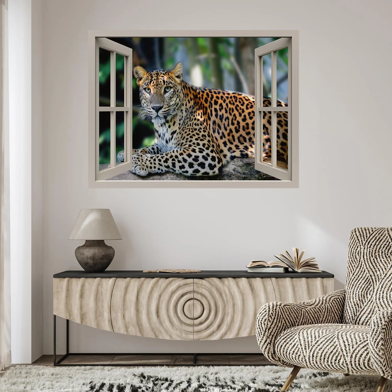 wall26 Removable Wall Sticker/Wall Mural Window View Tropical Jungle African Spotted Leopard Animals Nature Photography Wildlife Wilderness Portrait for Living Room, Bedroom, Office - 24"x32"