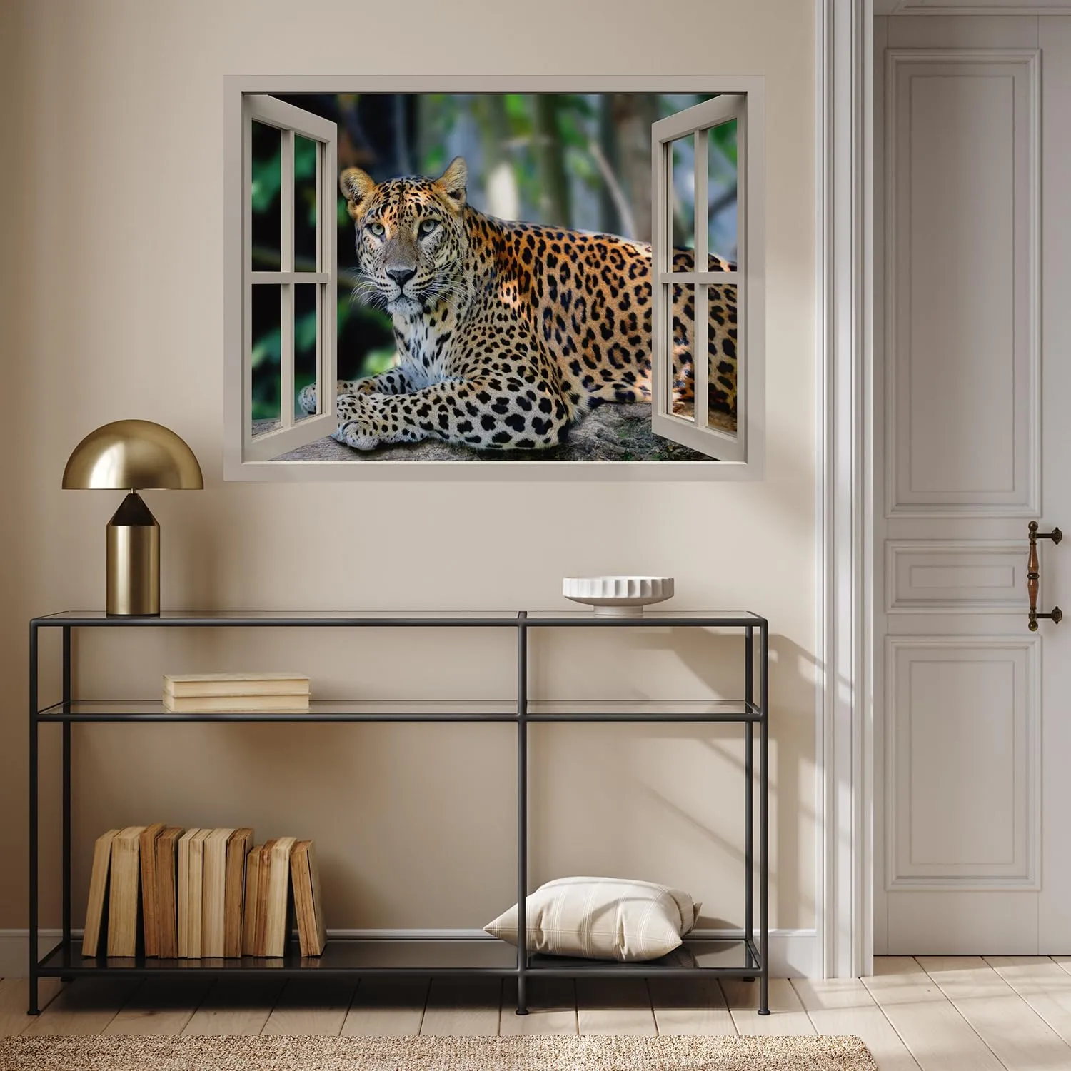 wall26 Removable Wall Sticker/Wall Mural Window View Tropical Jungle African Spotted Leopard Animals Nature Photography Wildlife Wilderness Portrait for Living Room, Bedroom, Office - 24"x32"