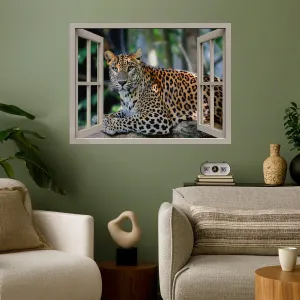 wall26 Removable Wall Sticker/Wall Mural Window View Tropical Jungle African Spotted Leopard Animals Nature Photography Wildlife Wilderness Portrait for Living Room, Bedroom, Office - 24"x32"