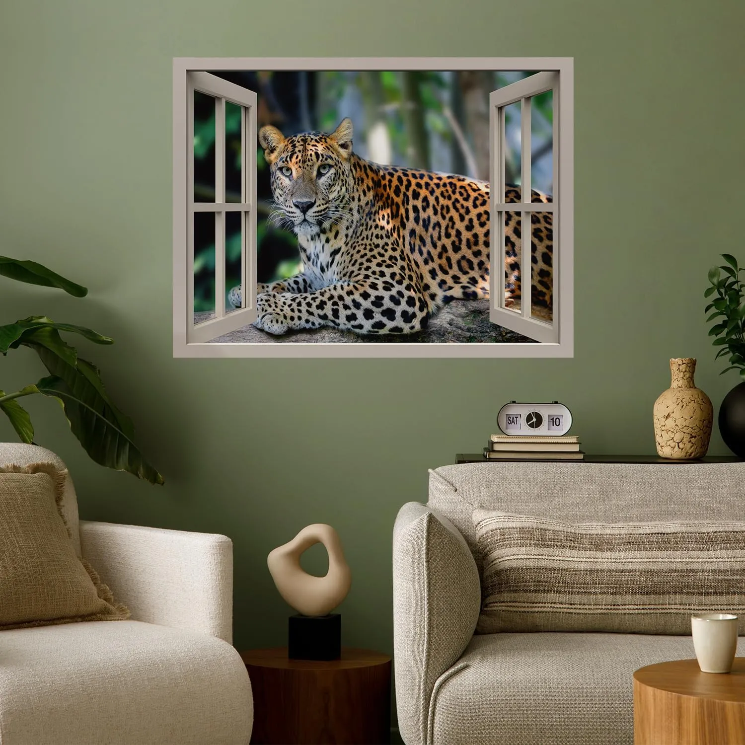 wall26 Removable Wall Sticker/Wall Mural Window View Tropical Jungle African Spotted Leopard Animals Nature Photography Wildlife Wilderness Portrait for Living Room, Bedroom, Office - 24"x32"