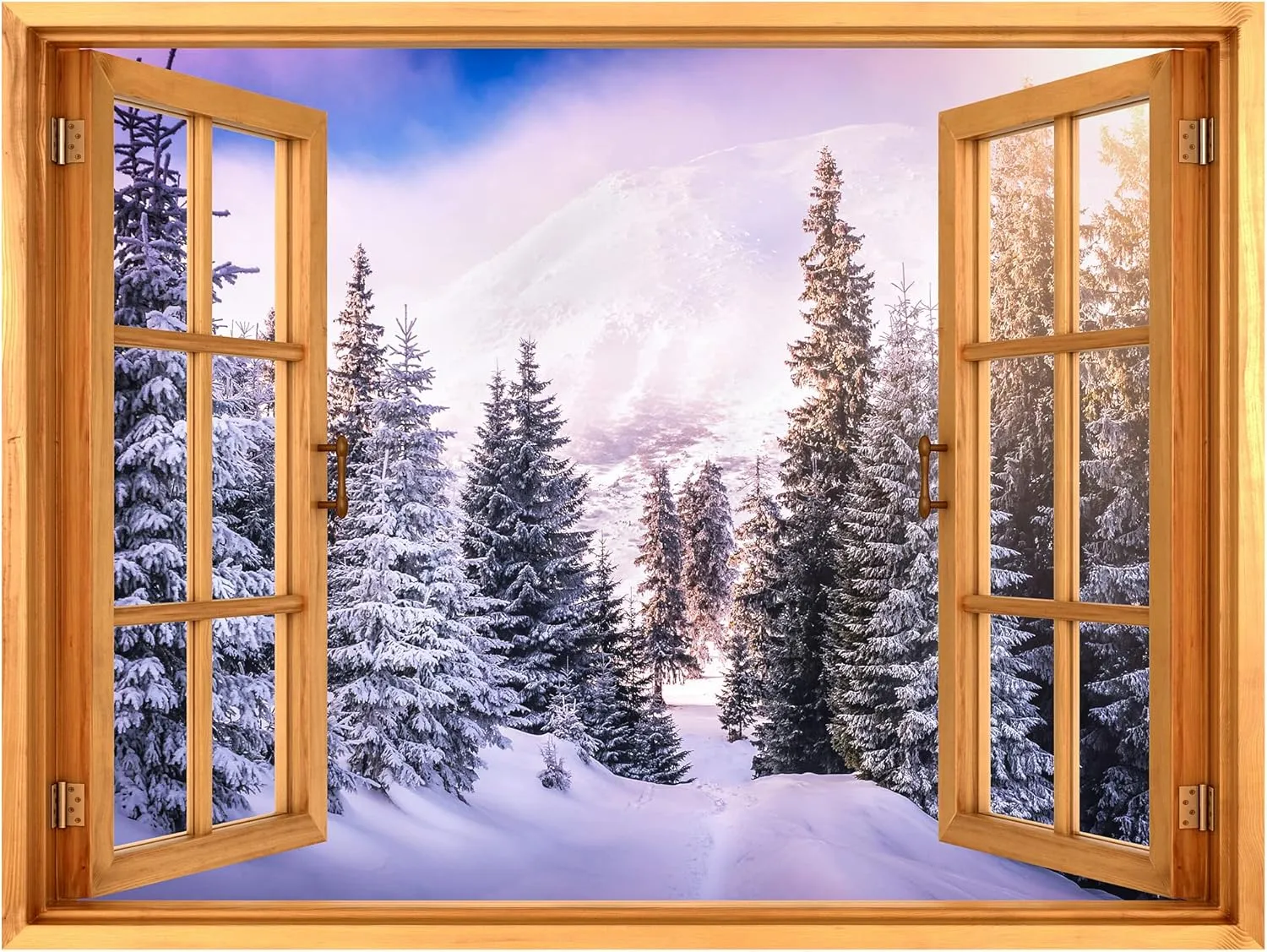 wall26 Removable Wall Sticker/Wall Mural Window View Winter Snow Pine Tree Mountain Forest Wilderness Nature Photography Realism Rustic Landscape Colorful for Living Room, Bedroom, Office - 36"x48"