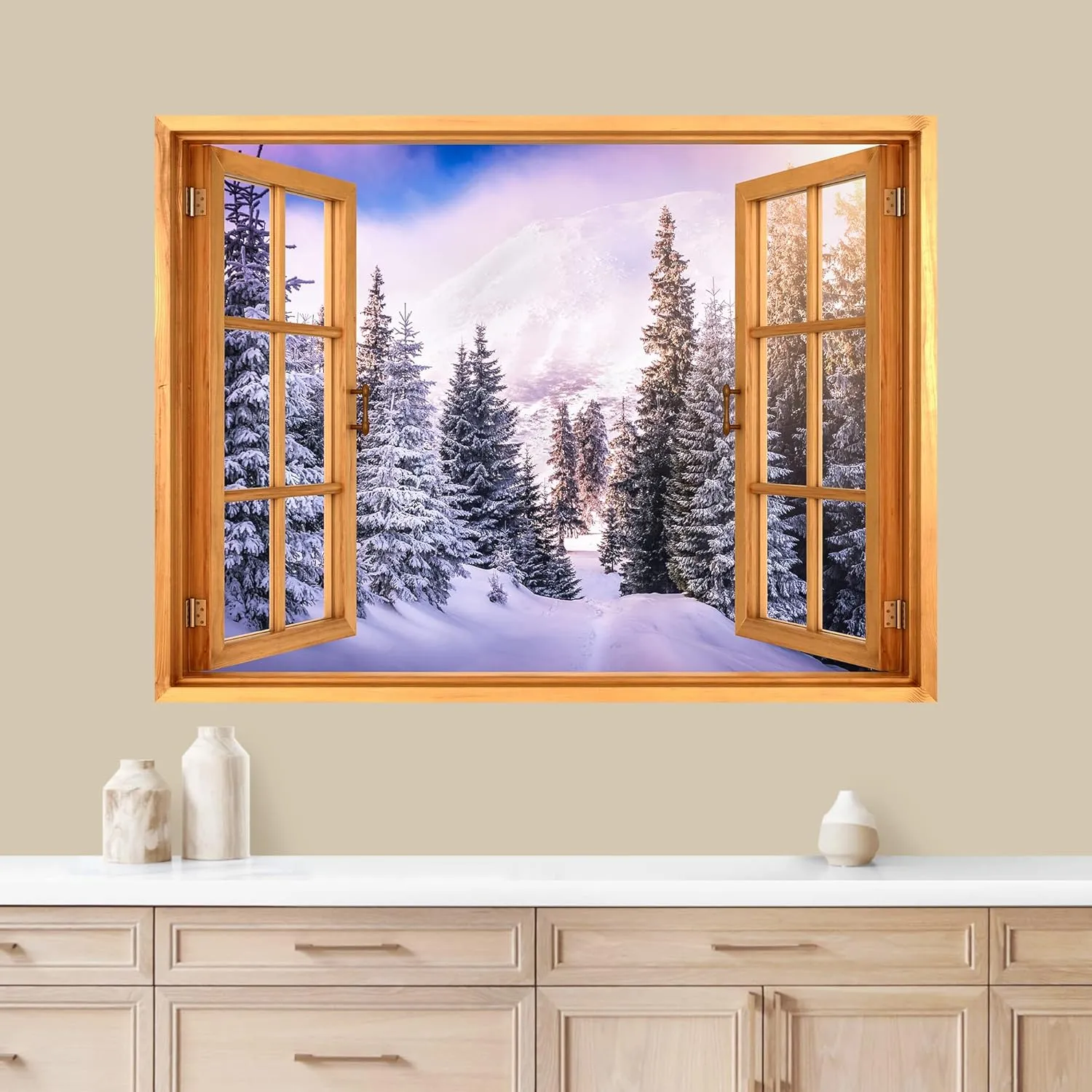 wall26 Removable Wall Sticker/Wall Mural Window View Winter Snow Pine Tree Mountain Forest Wilderness Nature Photography Realism Rustic Landscape Colorful for Living Room, Bedroom, Office - 36"x48"
