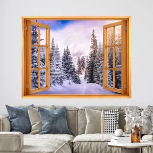 wall26 Removable Wall Sticker/Wall Mural Window View Winter Snow Pine Tree Mountain Forest Wilderness Nature Photography Realism Rustic Landscape Colorful for Living Room, Bedroom, Office - 36"x48"