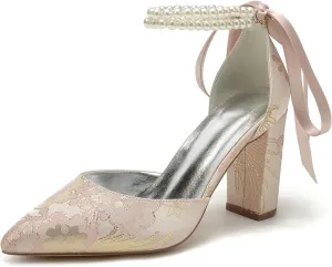 Wedding Shoes for Bride Closed Toe Block Heel Womens High Heels Pointed Toe Pumps Bridal Shoes Bowknot Strap Pearl Sandals Floral Satin Evening,Pink,11.5