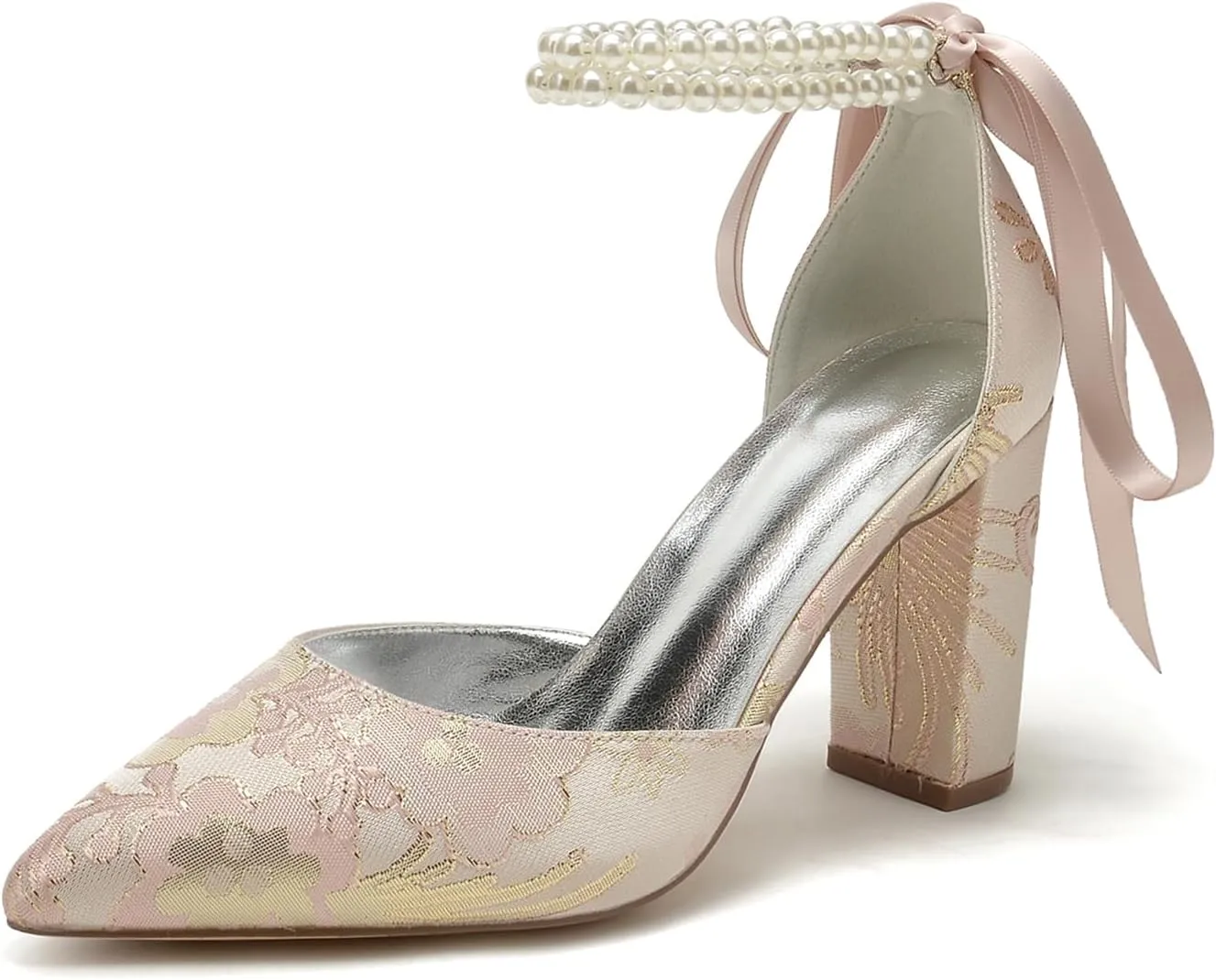 Wedding Shoes for Bride Closed Toe Block Heel Womens High Heels Pointed Toe Pumps Bridal Shoes Bowknot Strap Pearl Sandals Floral Satin Evening,Pink,11.5