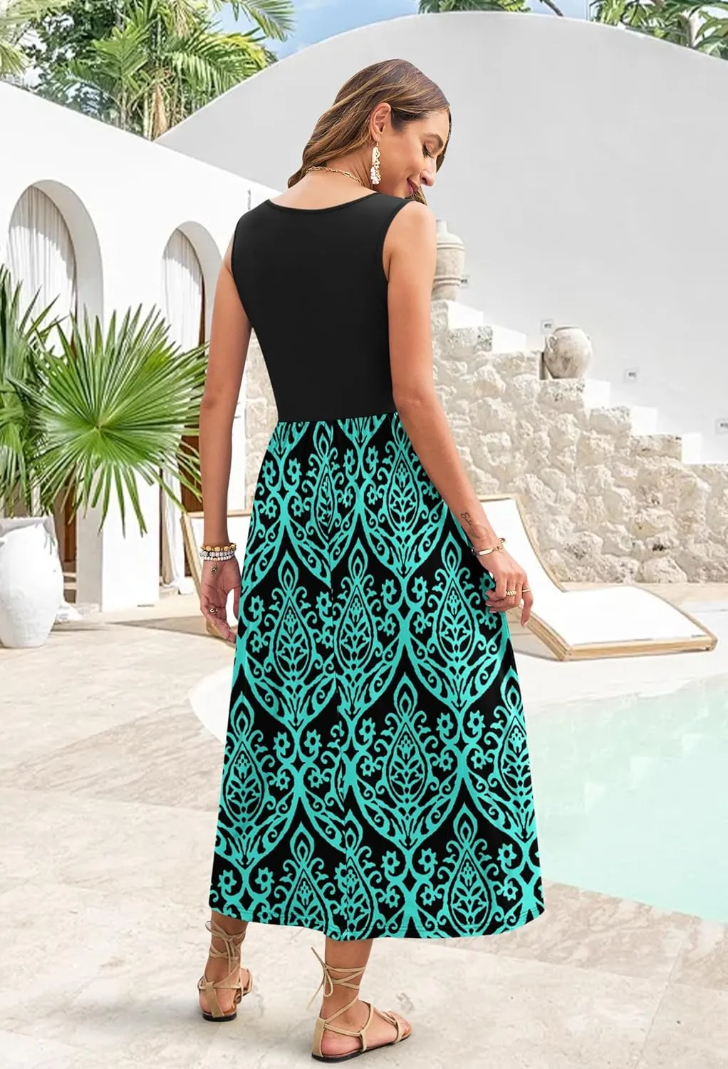 WNEEDU Women's Summer Maxi Dress 2025 Casual Sleeveless Hawaiian Sundress Tropical Long Dress Beach Vacation Outfit