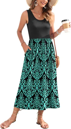 WNEEDU Women's Summer Maxi Dress 2025 Casual Sleeveless Hawaiian Sundress Tropical Long Dress Beach Vacation Outfit