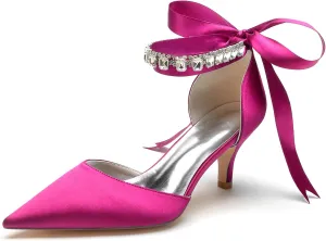 Women Crystals Satin Ribbon Tie Wedding Shoes Pointed Toe Prom Formal Party Dress Pumps Kitten Heel Bridal Shoes
