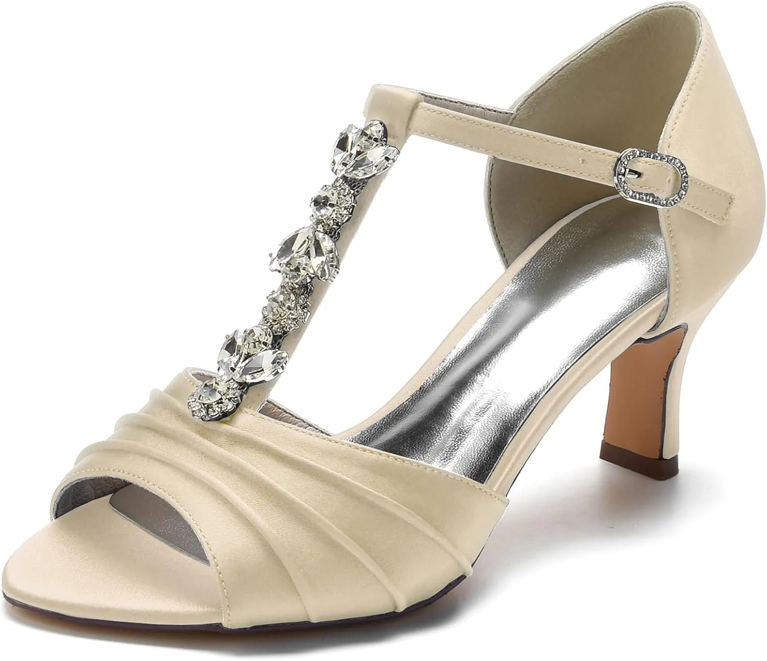 Women Rhinestones T-Strap Bridal Shoes Satin Mid Heel Wedding Dress Shoes Peep Toe Evening Prom Party Heeled Sandals