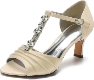 Women Rhinestones T-Strap Bridal Shoes Satin Mid Heel Wedding Dress Shoes Peep Toe Evening Prom Party Heeled Sandals