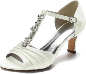 Women Rhinestones T-Strap Bridal Shoes Satin Mid Heel Wedding Dress Shoes Peep Toe Evening Prom Party Heeled Sandals
