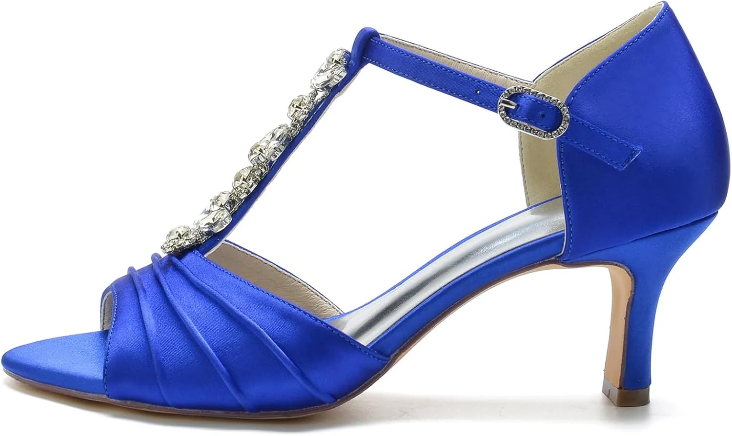 Women Rhinestones T-Strap Bridal Shoes Satin Mid Heel Wedding Dress Shoes Peep Toe Evening Prom Party Heeled Sandals