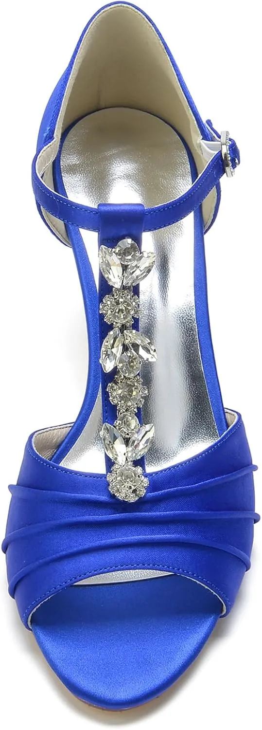 Women Rhinestones T-Strap Bridal Shoes Satin Mid Heel Wedding Dress Shoes Peep Toe Evening Prom Party Heeled Sandals