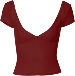 Women's Deep V Neck Off Shoulder T Shirt Simple Sexy Y2k Top Casual Short Sleeve Low Chest Solid Color Slim Vest
