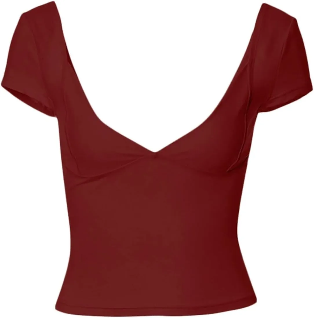 Women's Deep V Neck Off Shoulder T Shirt Simple Sexy Y2k Top Casual Short Sleeve Low Chest Solid Color Slim Vest