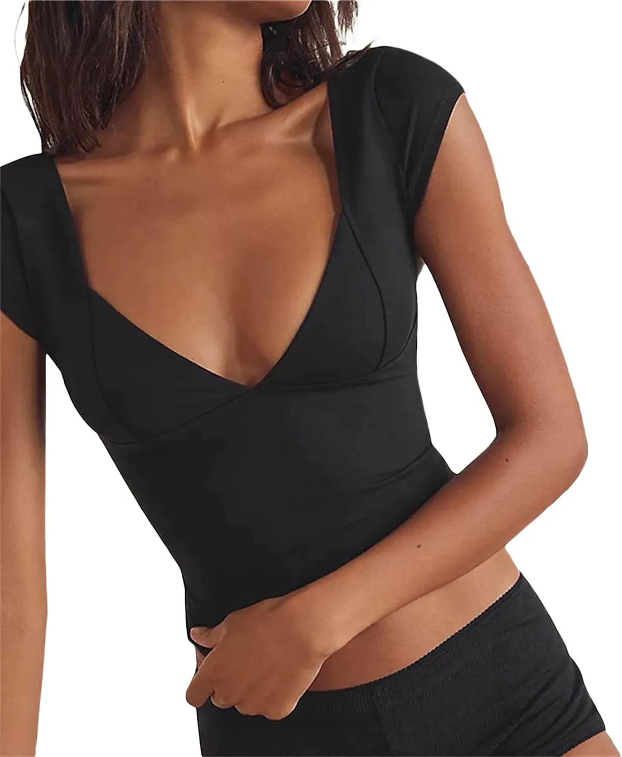 Women's Deep V Neck Off Shoulder T Shirt Simple Sexy Y2k Top Casual Short Sleeve Low Chest Solid Color Slim Vest
