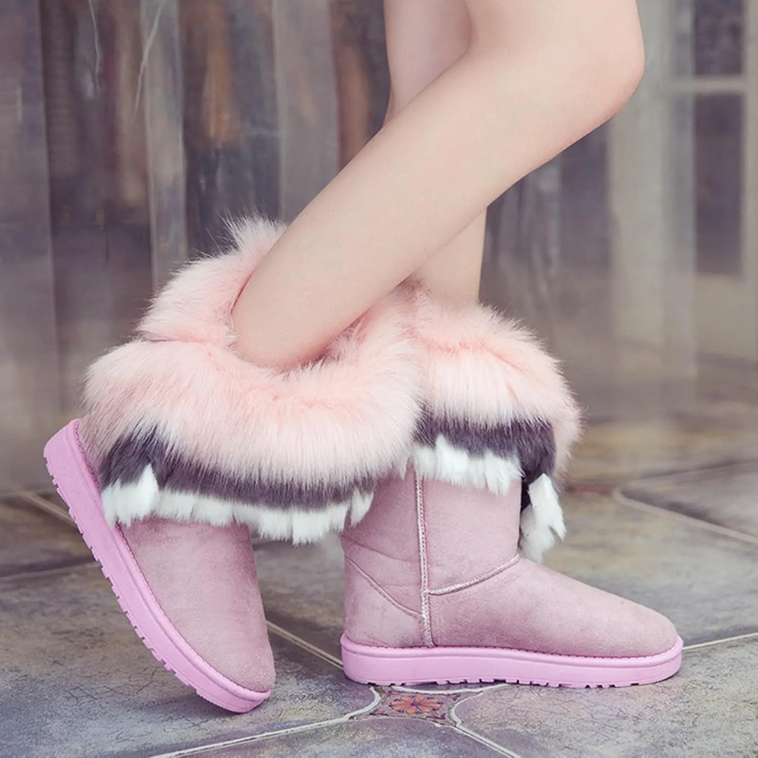 Women's Faux Fur Winter Snow Boot Suede Furry Fluffy Short Ankle Boots Warm Comfortable Outdoor Flat Mid-Calf Boots