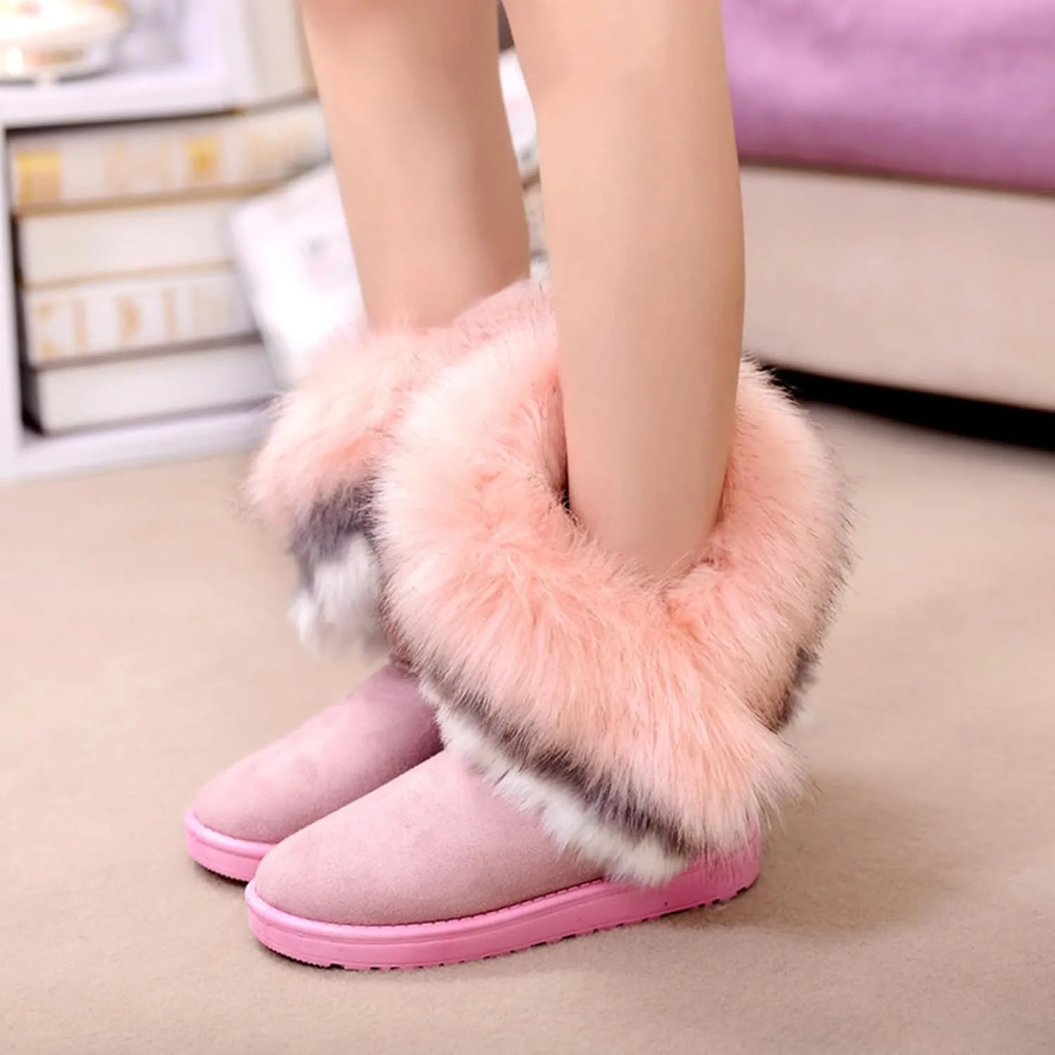 Women's Faux Fur Winter Snow Boot Suede Furry Fluffy Short Ankle Boots Warm Comfortable Outdoor Flat Mid-Calf Boots