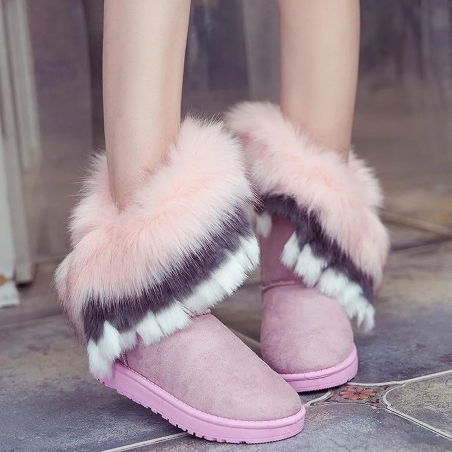 Women's Faux Fur Winter Snow Boot Suede Furry Fluffy Short Ankle Boots Warm Comfortable Outdoor Flat Mid-Calf Boots