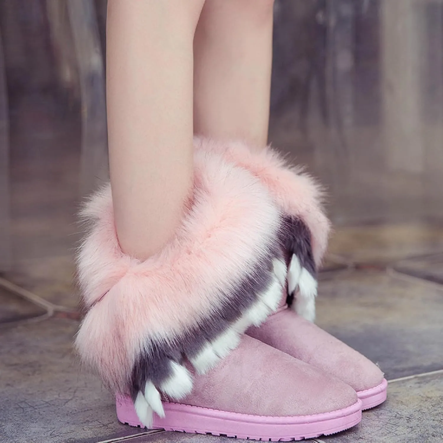 Women's Faux Fur Winter Snow Boot Suede Furry Fluffy Short Ankle Boots Warm Comfortable Outdoor Flat Mid-Calf Boots