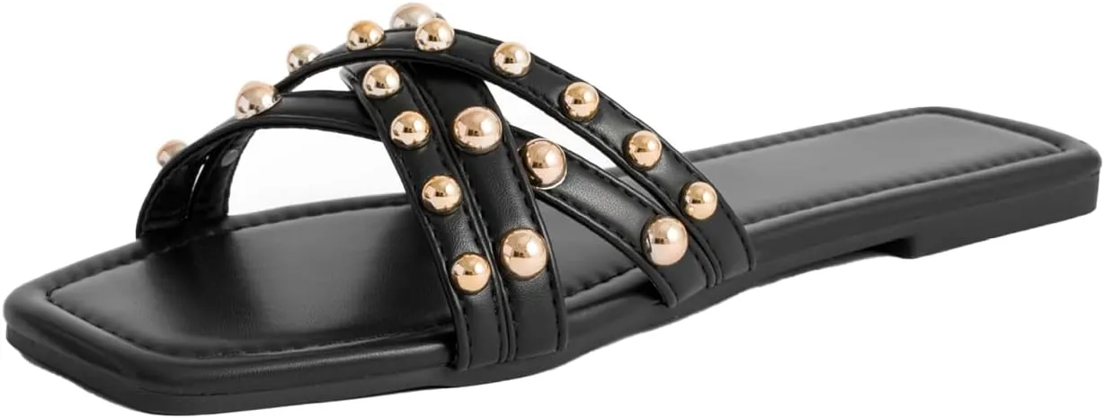 Women's Leather Strappy Rivet Decor Flat Y2k Slides Sandals, Fashionable Square Toe Non-Slip Slip-On Comfor Dress Sandals Suitable for Walking Work Parties