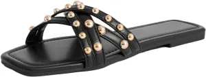 Women's Leather Strappy Rivet Decor Flat Y2k Slides Sandals, Fashionable Square Toe Non-Slip Slip-On Comfor Dress Sandals Suitable for Walking Work Parties