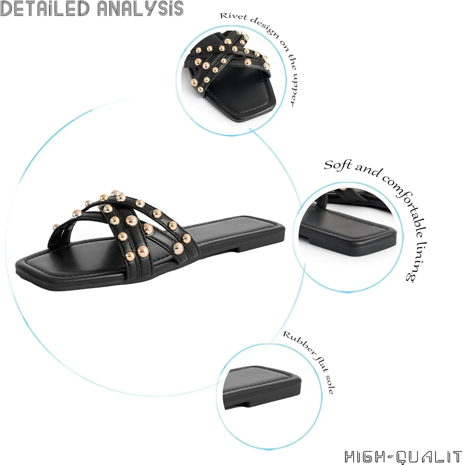 Women's Leather Strappy Rivet Decor Flat Y2k Slides Sandals, Fashionable Square Toe Non-Slip Slip-On Comfor Dress Sandals Suitable for Walking Work Parties