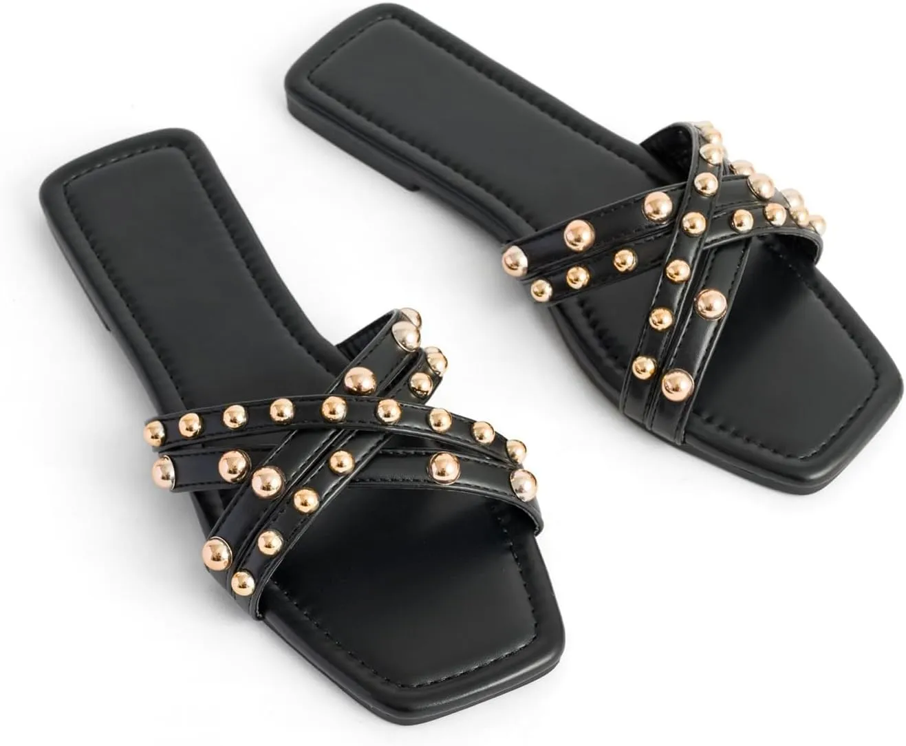 Women's Leather Strappy Rivet Decor Flat Y2k Slides Sandals, Fashionable Square Toe Non-Slip Slip-On Comfor Dress Sandals Suitable for Walking Work Parties