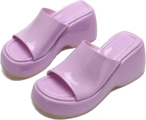 Women's Patent Leather Platform Wedge Sandals with Memory Foam Fish Mouth Open Toe Slip-On Height Increase Non-Slip Slides Sandals for Daily Casual Walking Beach