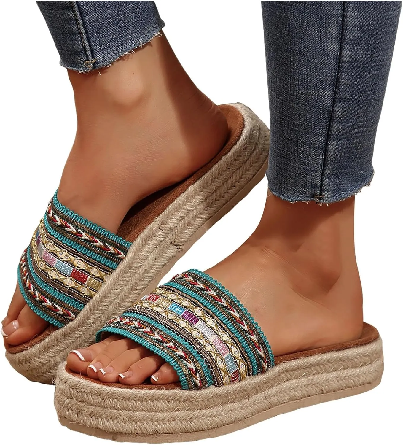 Womens Platform Sandals Comfort Casual Espadrilles Slip On Slippers Wedge Espadrilles Bohemia Open Toe Comfort Non Slip Summer Casual Straw Woven Sandals Platform Slides Shoes