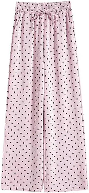 Women's Retro Printed Polka Dot Satin Pants Simple Straight Loose Pants