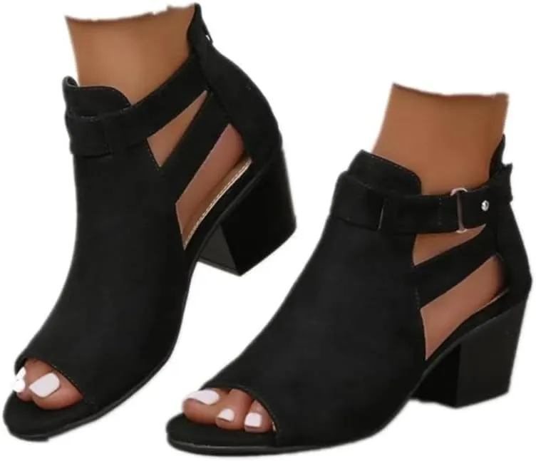 Womens Suede Peep Toe Chunky Heels Ankle Booties with Ankle Strap Cutout Wedge Back Zipper Sandals Dress Walking Boots