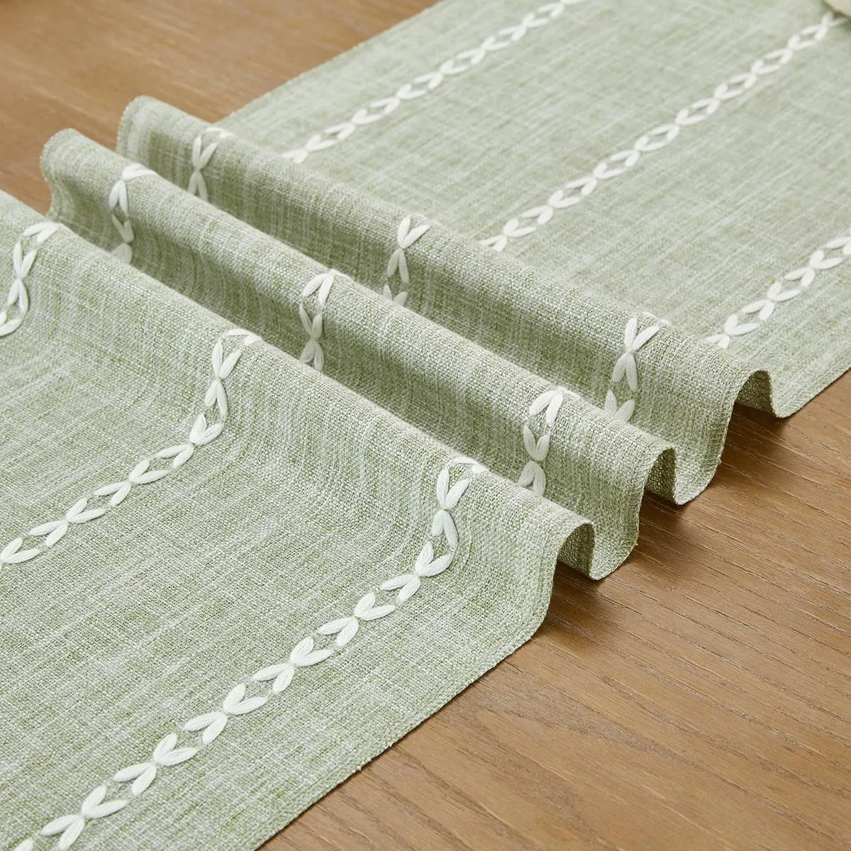 Wracra Rustic Linen Table Runner Farmhouse Style Table Runners 60 inches Long Embroidered Table Runner with Hand-Tassels for Party, Dresser Decor and Dining Room Decorations (Desert Sage, 13"×60")