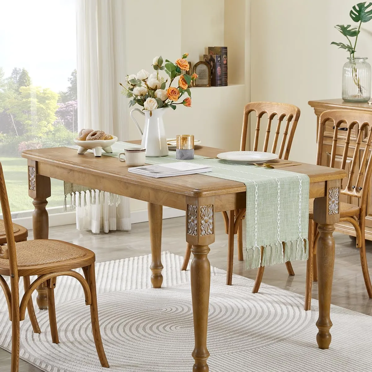 Wracra Rustic Linen Table Runner Farmhouse Style Table Runners 60 inches Long Embroidered Table Runner with Hand-Tassels for Party, Dresser Decor and Dining Room Decorations (Desert Sage, 13"×60")