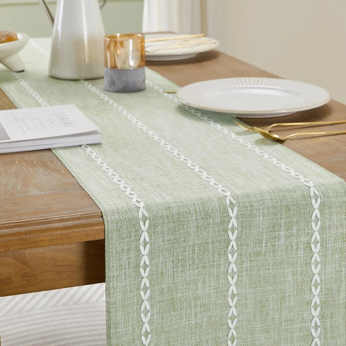 Wracra Rustic Linen Table Runner Farmhouse Style Table Runners 60 inches Long Embroidered Table Runner with Hand-Tassels for Party, Dresser Decor and Dining Room Decorations (Desert Sage, 13"×60")