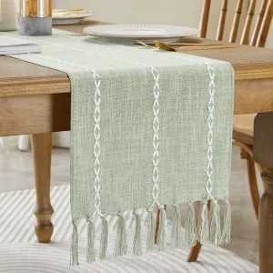 Wracra Rustic Linen Table Runner Farmhouse Style Table Runners 60 inches Long Embroidered Table Runner with Hand-Tassels for Party, Dresser Decor and Dining Room Decorations (Desert Sage, 13"×60")