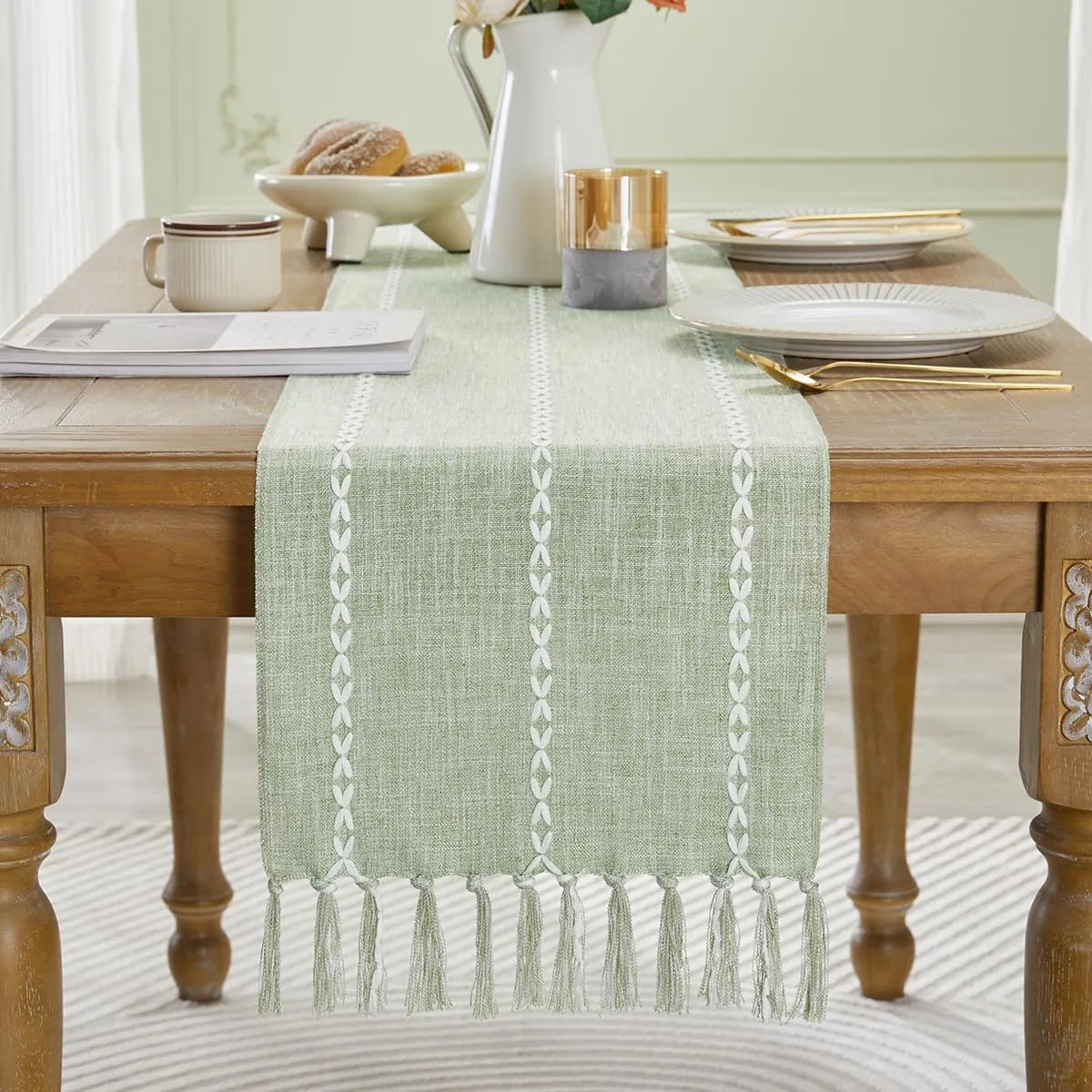 Wracra Rustic Linen Table Runner Farmhouse Style Table Runners 60 inches Long Embroidered Table Runner with Hand-Tassels for Party, Dresser Decor and Dining Room Decorations (Desert Sage, 13"×60")